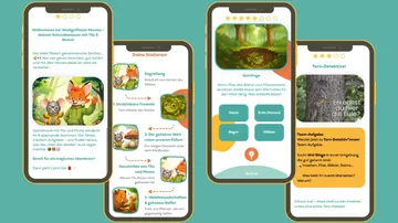 Four smartphones displaying nature adventure app.
