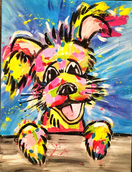 Buntes Hundegemälde mit lebhaftem Hintergrund.