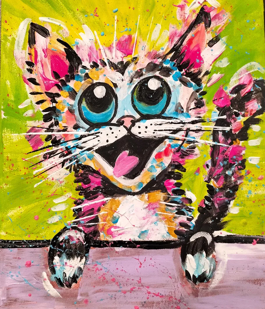 Colorful cat painting with big eyes, vibrant background.