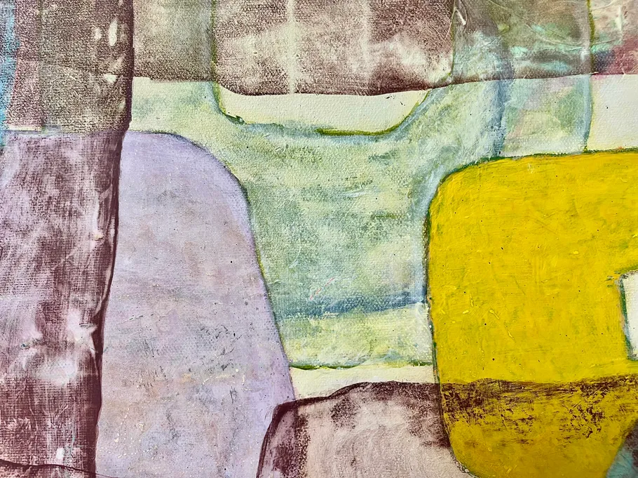 Abstract painting with colorful geometric shapes.