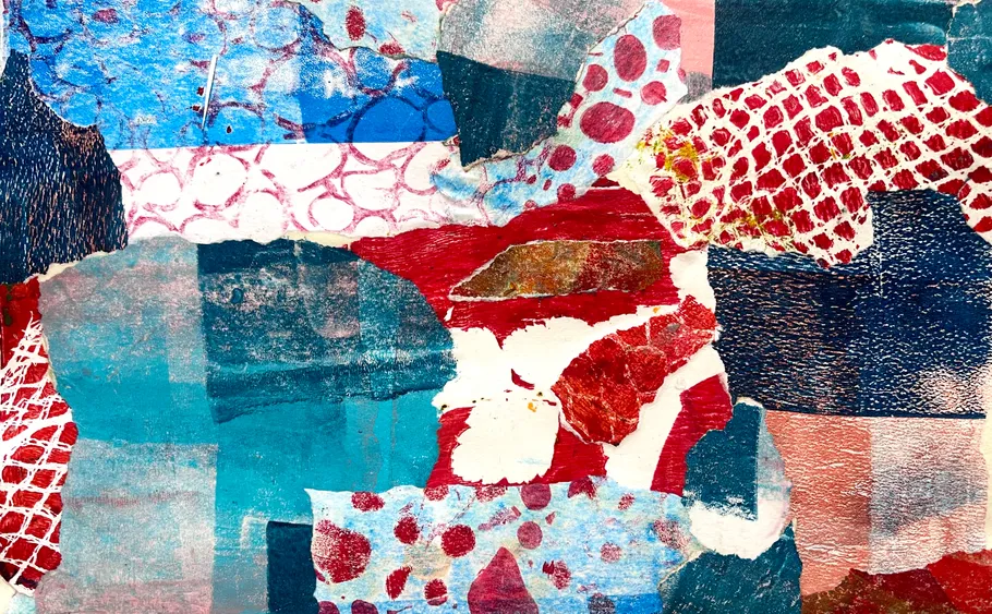Abstract collage with red, blue, and textured patterns.