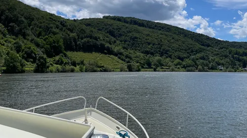 Boot fährt auf einem ruhigen Fluss.