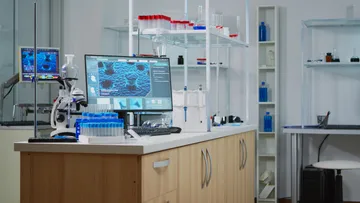 Laboratory with computer, microscope, and test tubes.