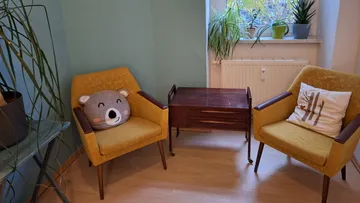 Two chairs with pillows, plants on windowsill.