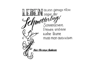 Kalligrafisches Zitat mit Schmetterlingsillustration.