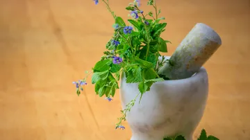 Kräuter im Mörser mit Stößel.