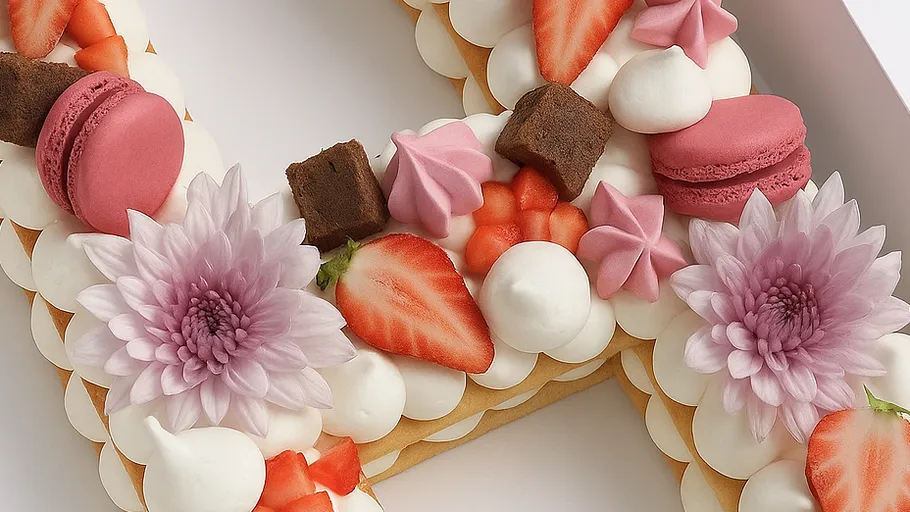 Dekorierter Kuchen mit Blumen und Früchten.