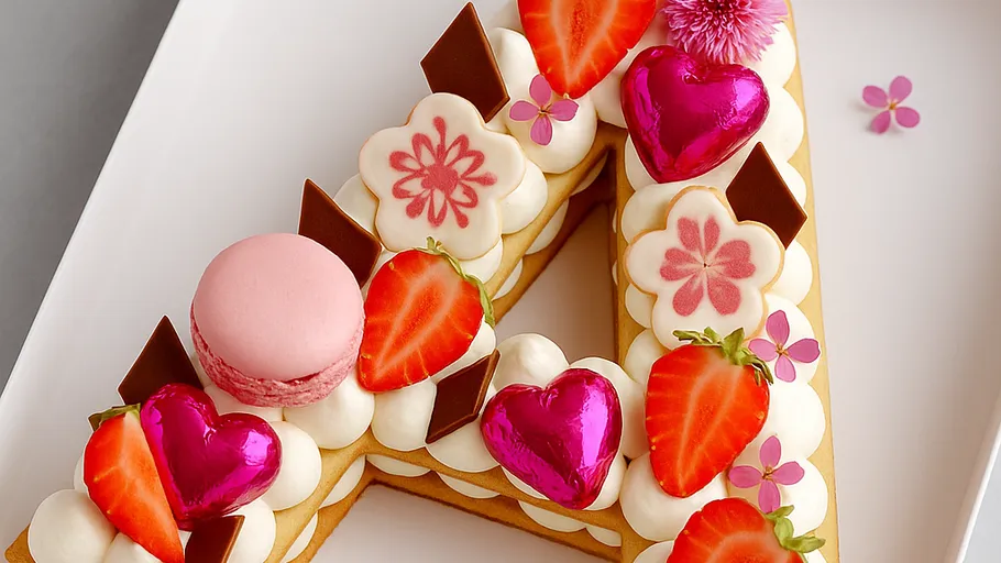 Dekorierter Kuchen in Buchstabenform mit Erdbeeren.