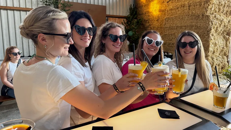 Five women toast with drinks in outdoor setting.