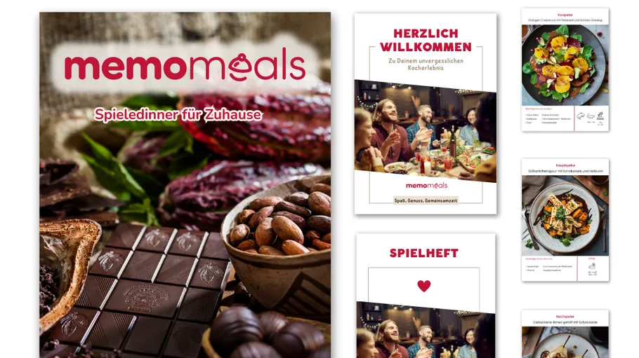 Collage of memomeals culinary game dinner materials.