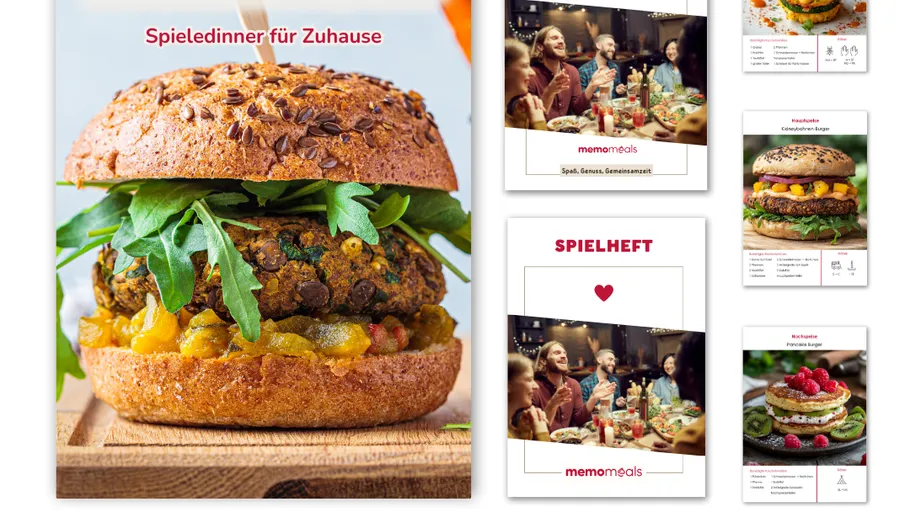 Veggie burger and dining game booklet displayed.