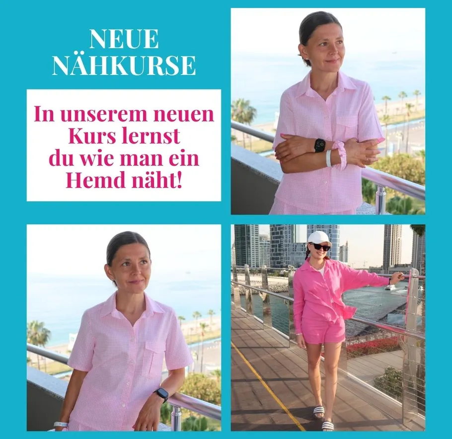 Woman poses in pink shirt, balcony with view.