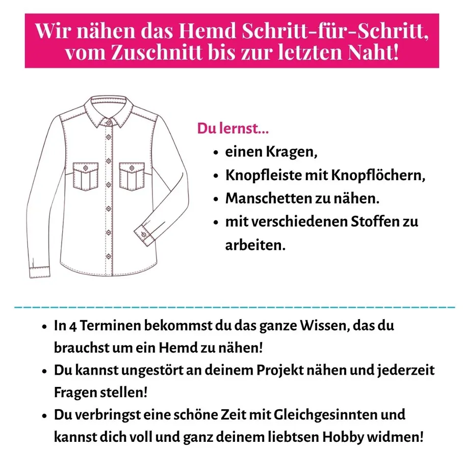 Sewing course advertisement with shirt illustration.