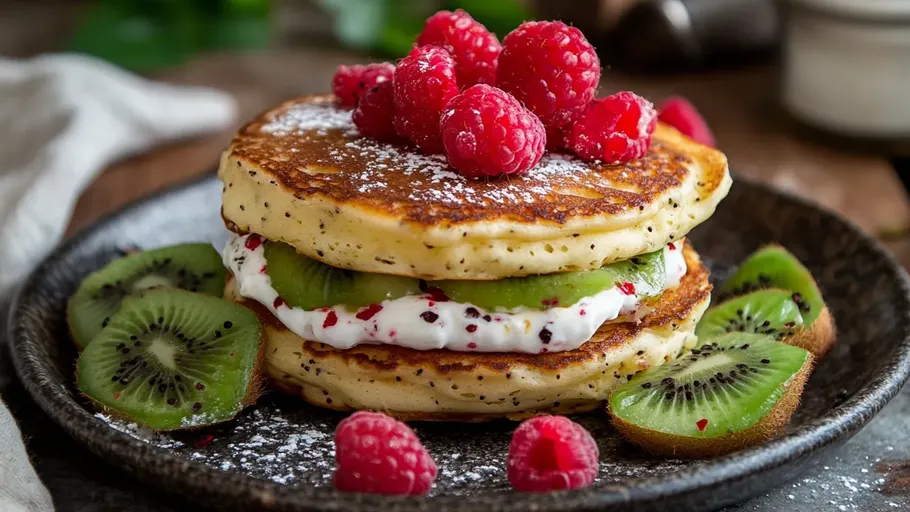 Pancakes with cream and fruit on plate.
