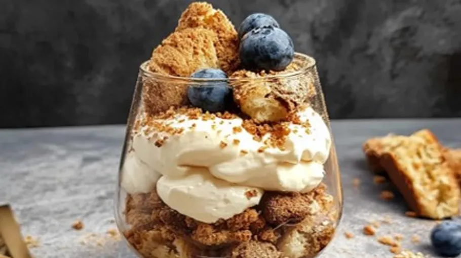 Parfait with cream, cookies, blueberries on table.