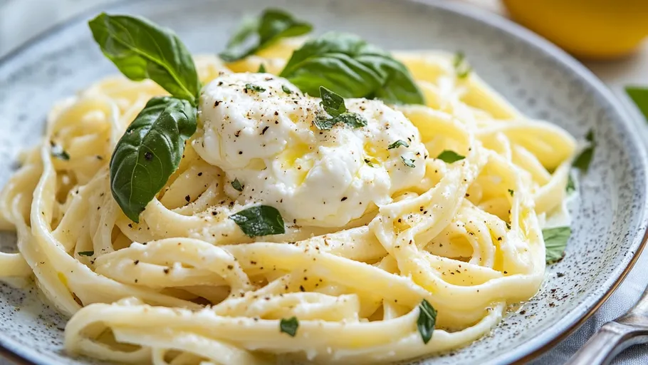 Pasta mit Käse und Basilikum auf Teller.