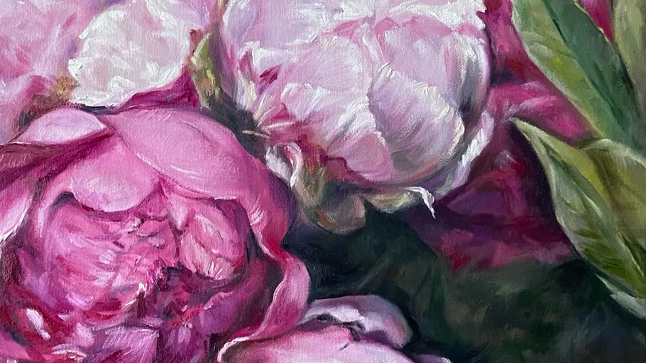 Rosa Pfingstrosen gemalt mit grünen Blättern.