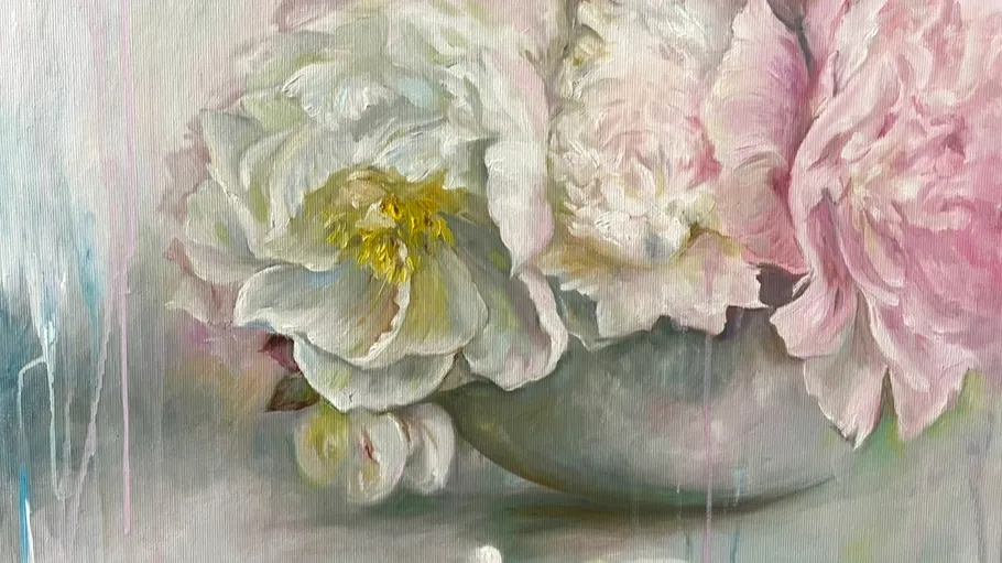 White and pink peonies in a painting.