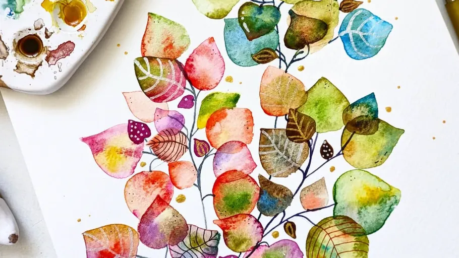 Colorful leaf watercolor painting on paper.