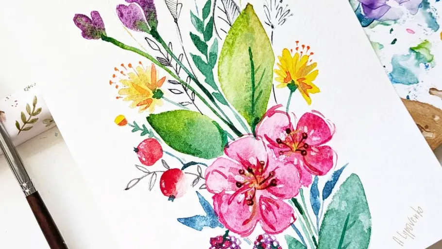 Watercolor flowers with leaves and brush.