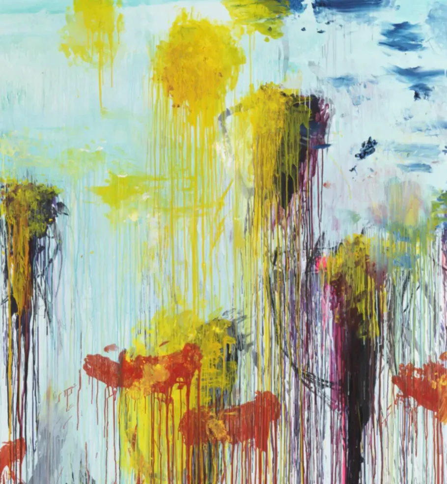 Colorful abstract painting with vertical drips.