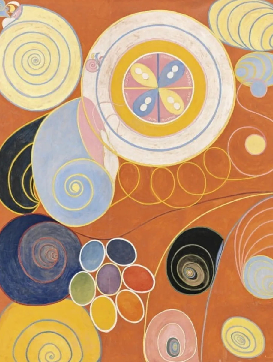 Bunte Spiralen und Kreise auf orangem Hintergrund.