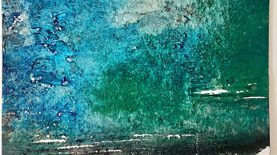 Abstract painting with blue and green textures.