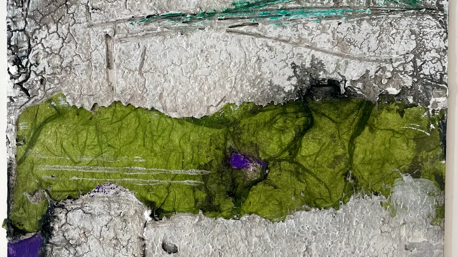 Abstract painting with green, purple, and gray textures.
