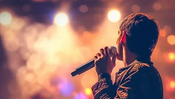 Singer holding microphone on stage with lights.
