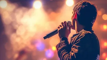 Singer holding microphone on stage, colorful lights.