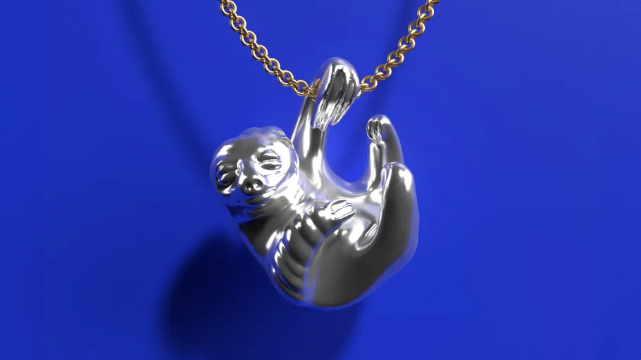Silver sloth pendant on gold chain, blue background.