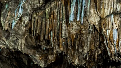 Stalactites hanging inside a dark cave.