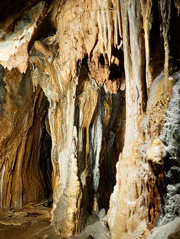 Stalactites and stalagmites inside a cave.