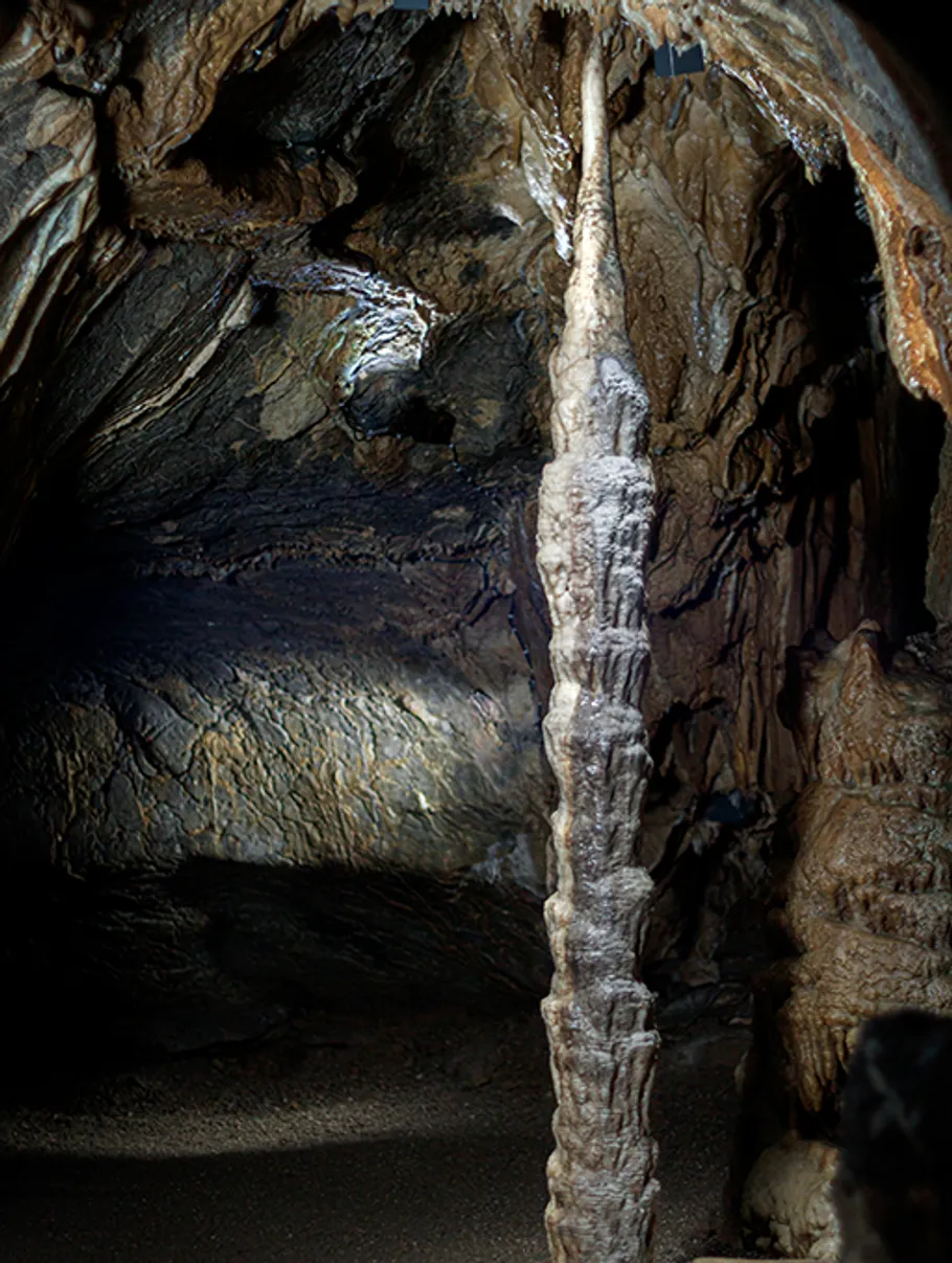 Stalactite and stalagmite formations in a cave.