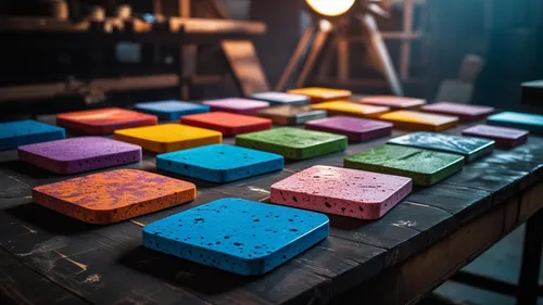 Colorful coasters arranged on a wooden table.