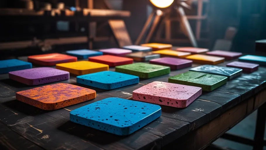 Bunte Untersetzer auf einem Holztisch angeordnet.