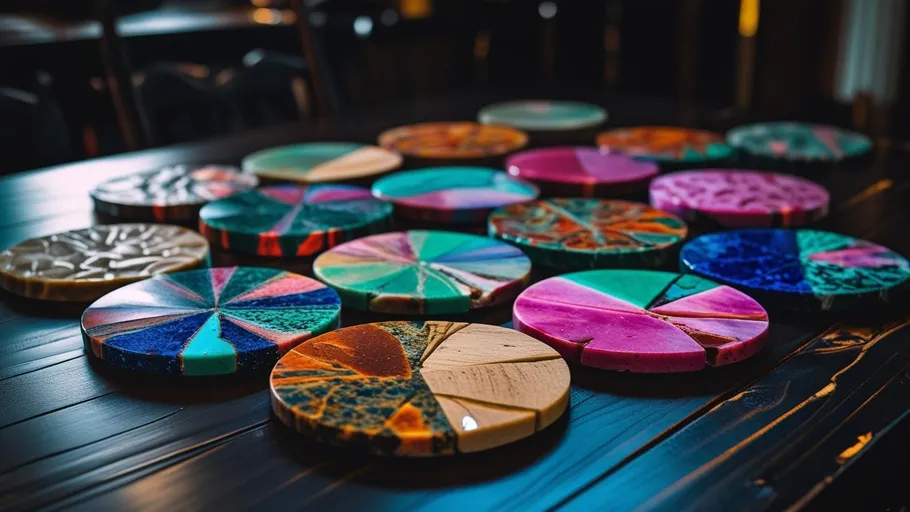 Colorful resin coasters arranged on dark table.