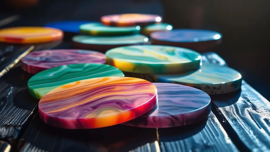 Colorful coasters displayed on dark wooden table.