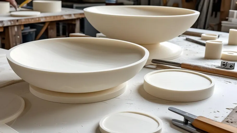 Ceramic bowls on a workshop table.