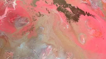 Abstract painting with pink, brown swirls.