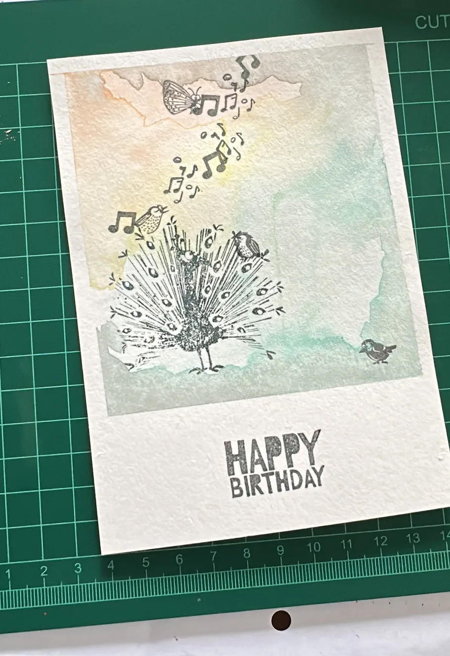 Geburtstagskarte mit Pfau, Vögeln, buntem Hintergrund.