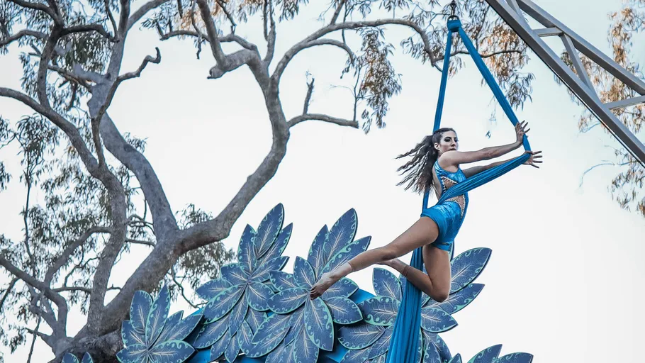 Aerial artist performing on blue fabric outdoors.
