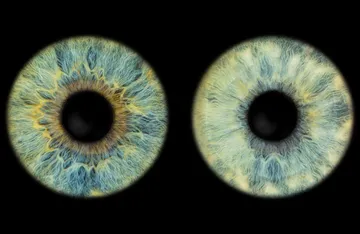 Close-up of two colorful human irises on black background.