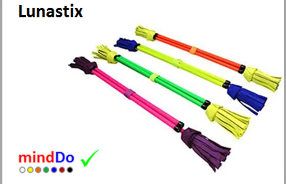 Four colorful juggling sticks on white background.