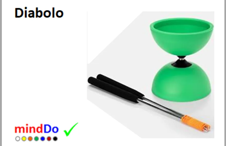 Green diabolo with black handles, white background.