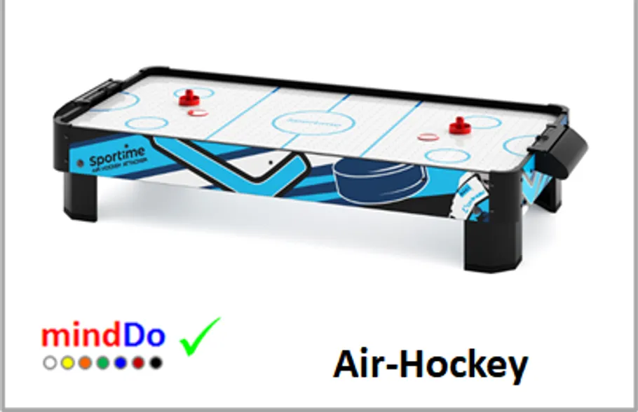 Mini air hockey table with red paddles.