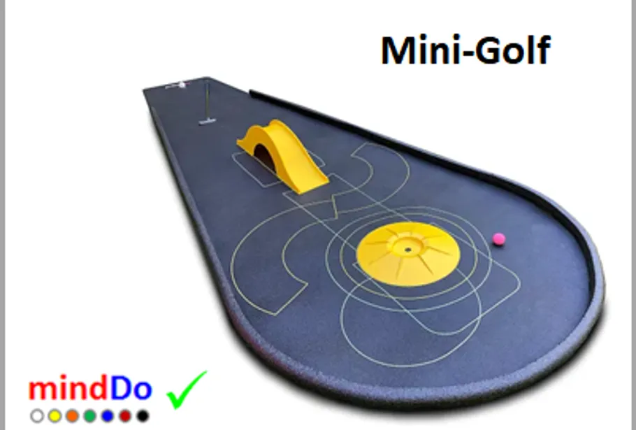 Mini-golf course with yellow obstacles.