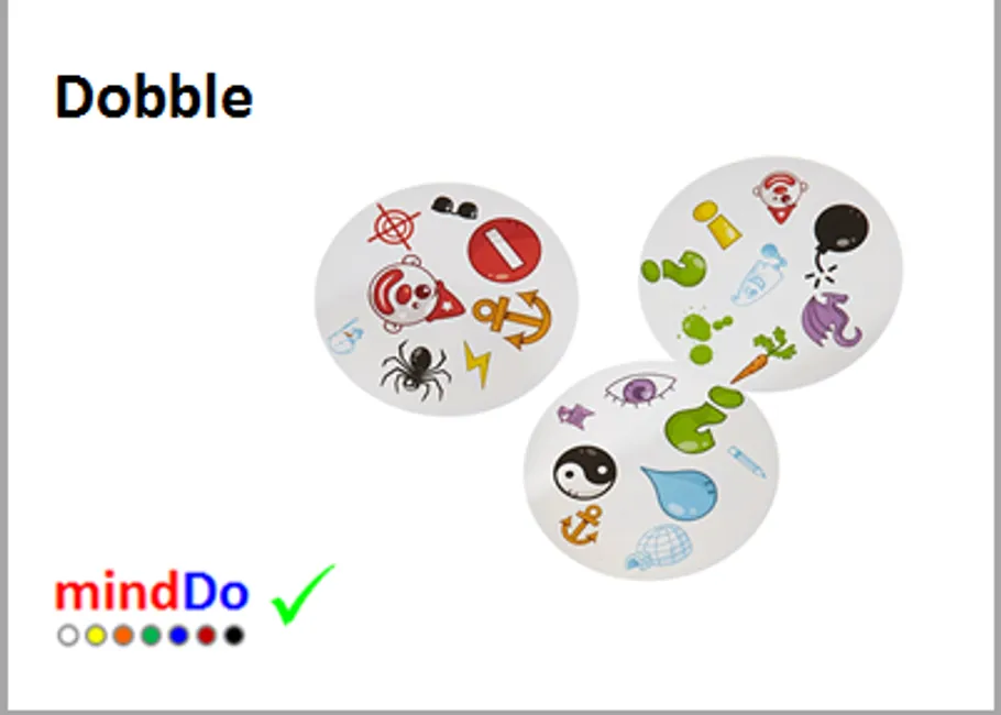 Drei Dobble-Karten mit verschiedenen Symbolen.