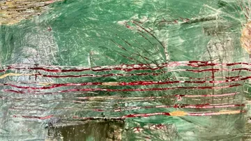 Abstract painting with green and red lines.