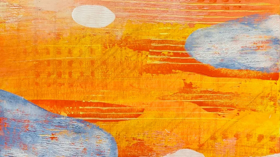 Abstract painting with vibrant orange and blue hues.